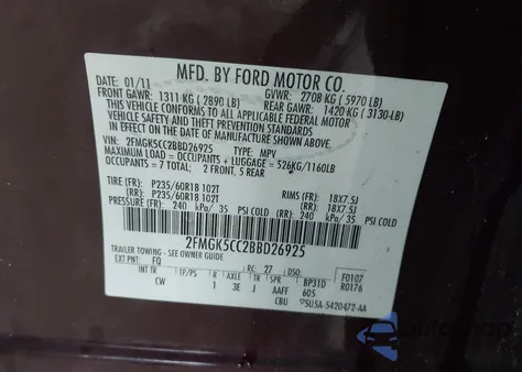 2011 Ford Flex Sel from USA, damaged, VIN 2FMGK5CC2BBD26925